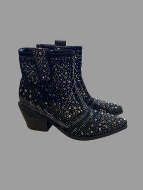 ISOM Black Studded Rhinestone Western Ankle Boots Cowboy Booties